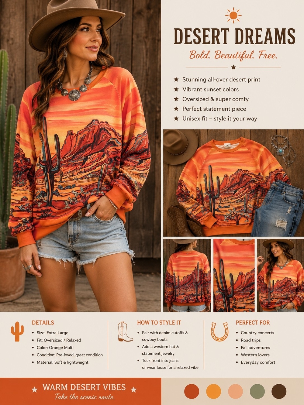 Desert Dreams Orange Multi Desert Print Women's Pullover Sweatshirt